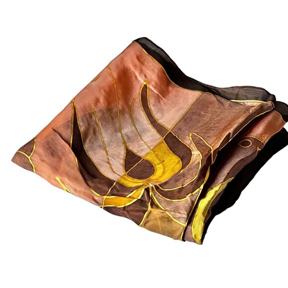 Hand-Painted Silk Scarf Abstract Floral Brown Gold Peach Black 57x16 Rolled Hem - Picture 1 of 10
